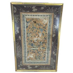 Qing Dynasty Era Framed Chinese Hand Embroidered Silk Textile Wall Hanging Art